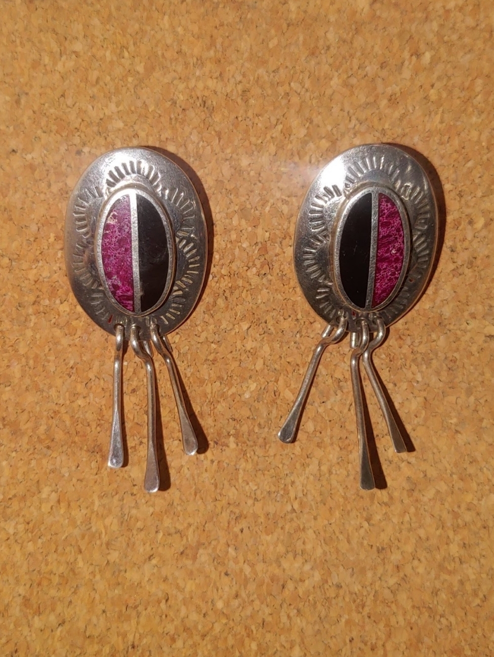 Mexico Stamped Sterling Silver Purple Spiny Oyster Onyx Inlay Concho Earrings